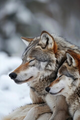 Obraz premium Wolves tender moment. Wildlife photography, nature documentaries, themes of love and companionship.