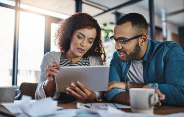 Tablet, economy news or couple with financial budget, investment growth or planning savings online....