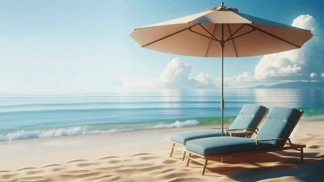 Video loop of Tropical Beach two blue lounge chairs beige umbrella sandy beach 4k sunny palm seascape day caribbean outdoor maldives shore white sunlight cloud horizon sunshine natural surf beauty bay