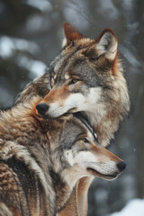 Obraz premium Wolves tender moment. Wildlife photography, nature documentaries, themes of love and companionship.
