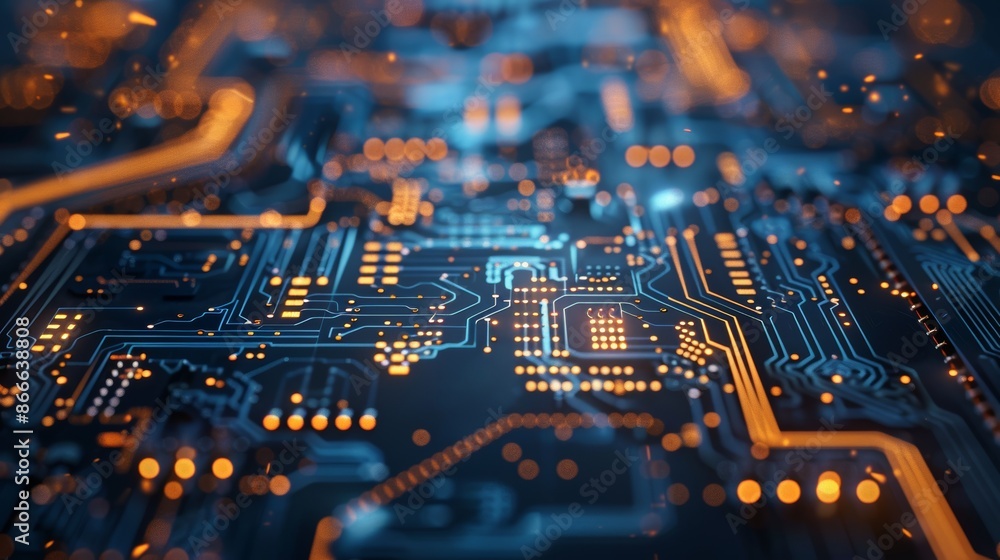 Poster an abstract printed circuit board background with depth of field and bokeh effect, suitable for a di