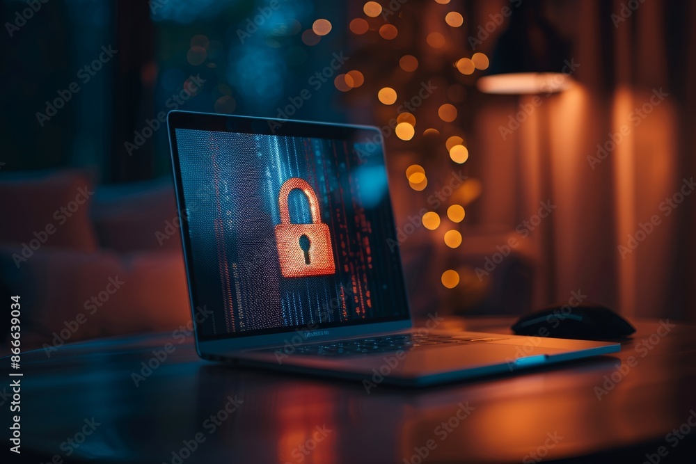 Poster keeping private data safe from cyber crime through a lock on your laptop.