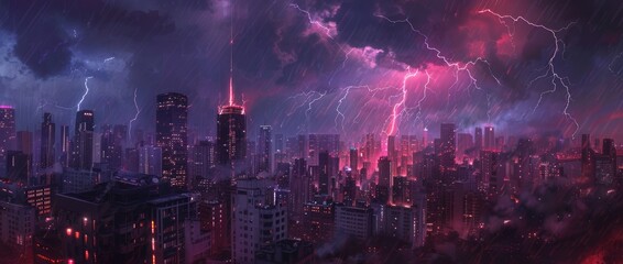 Dramatic Thunderstorm over Neon-Lit Cityscape at Night