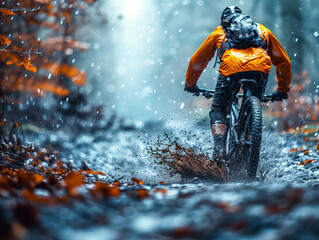A cyclist takes a sharp turn and skids down a forest path