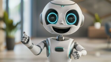 Cheerful Robot With Blue Eyes Welcoming In Modern Office
