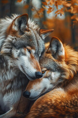 Wolves tender moment. Wildlife photography, nature documentaries, themes of love and companionship.