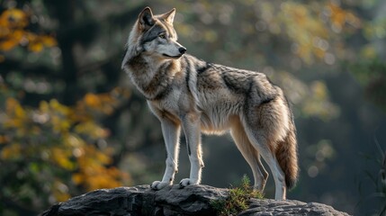 Fototapeta premium realistic animal photography of white wolf standing on a rock mountain