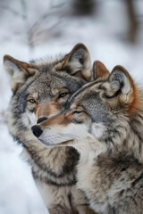 Wolves tender moment. Wildlife photography, nature documentaries, themes of love and companionship.