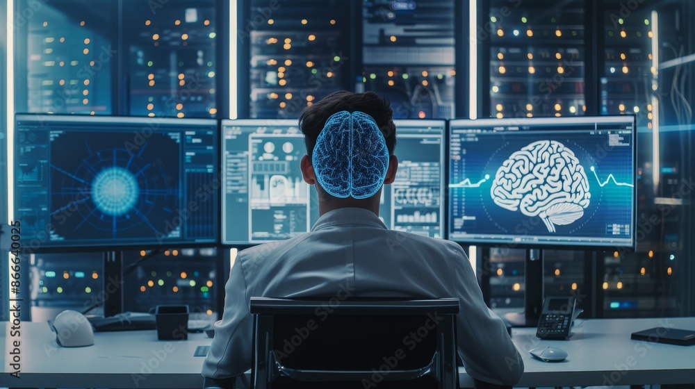 Poster an attractive male computer engineer and scientist uses a 3d model of neural networks at his worksta