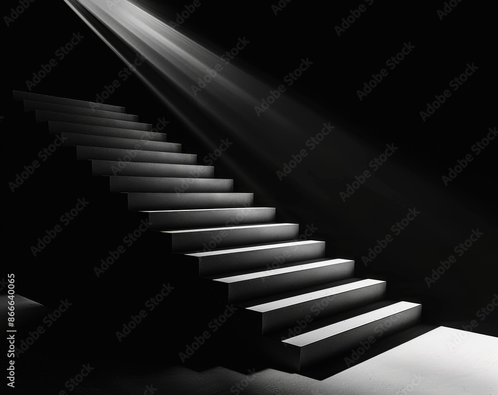 Poster background of black and white. abstract light on stone stairs. steps in the dark. 3d rendering.