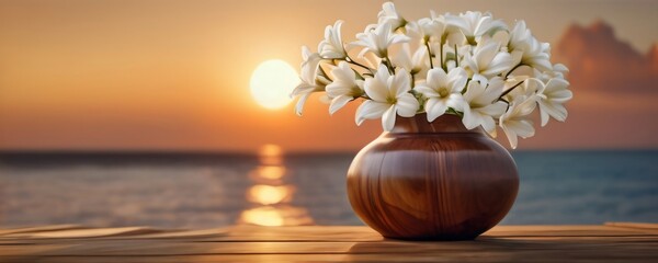White flowers in wooden vase with sunset in background. Extremely detailed and realistic high resolution illustration © RobinsonIcious