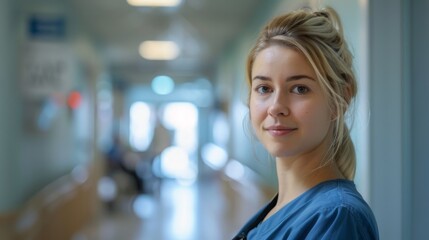 Fototapeta premium Female nurse in a blue scrubs stands in a hospital hallway, smiling softly at the camera. The background is blurred, creating a sense of depth and privacy