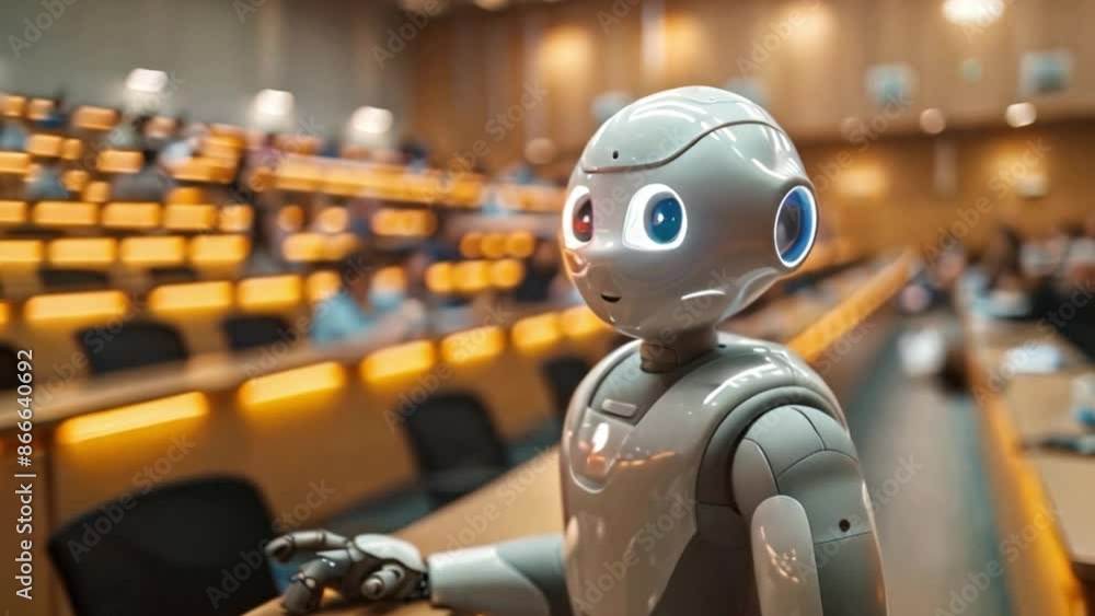 Aufkleber a humanoid robot stands in a classroom setting, likely addressing a group of students out of frame. 