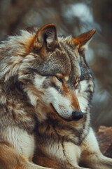 Obraz premium Wolves tender moment. Wildlife photography, nature documentaries, themes of love and companionship.