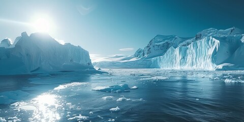 Majestic Arctic Icebergs and Glaciers under the Bright Sun