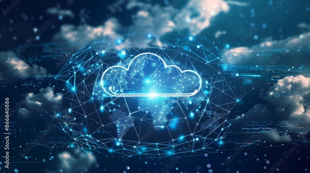 Poster there is a large cloud icon in the center with internal connections, and a smaller symbol on a dark 