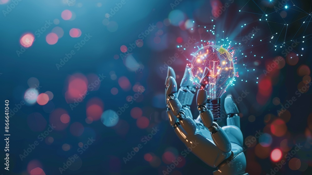 Poster stock, machine learning, robotics and human touch on big data network, brain data creative in light 