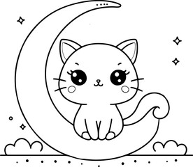 Dessin kawaii au trait de chat pour livre de coloriage pour adulte ou enfant. Trait noir totalement isolé du fond. Idéal pour conception a ajuster dans votre livre ou cahier. 