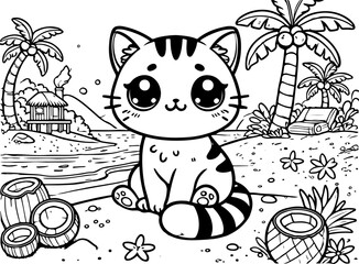 Dessin kawaii au trait de chat pour livre de coloriage pour adulte ou enfant. Trait noir totalement isolé du fond. Idéal pour conception a ajuster dans votre livre ou cahier. 