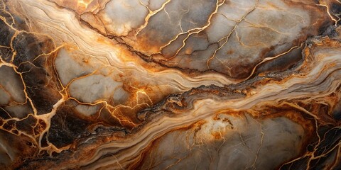 Close-up of a polished marble slab featuring swirling patterns in shades of gold, cream, and brown....