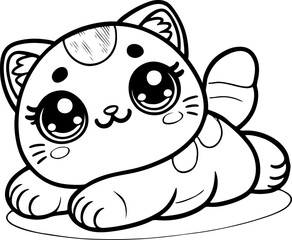 Fototapeta premium Dessin kawaii au trait de chat pour livre de coloriage pour adulte ou enfant. Trait noir totalement isolé du fond. Idéal pour conception a ajuster dans votre livre ou cahier. 
