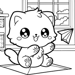 Dessin kawaii au trait de chat pour livre de coloriage pour adulte ou enfant. Trait noir totalement isolé du fond. Idéal pour conception a ajuster dans votre livre ou cahier. 