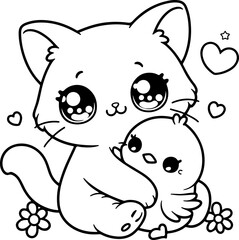 Dessin kawaii au trait de chat pour livre de coloriage pour adulte ou enfant. Trait noir totalement isolé du fond. Idéal pour conception a ajuster dans votre livre ou cahier. 