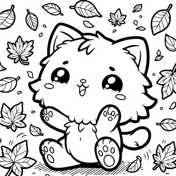 Dessin kawaii au trait de chat pour livre de coloriage pour adulte ou enfant. Trait noir totalement isol&eacute; du fond. Id&eacute;al pour conception a ajuster dans votre livre ou cahier. 