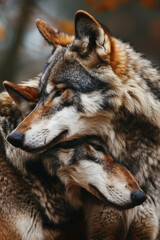 Fototapeta premium Wolves tender moment. Wildlife photography, nature documentaries, themes of love and companionship.