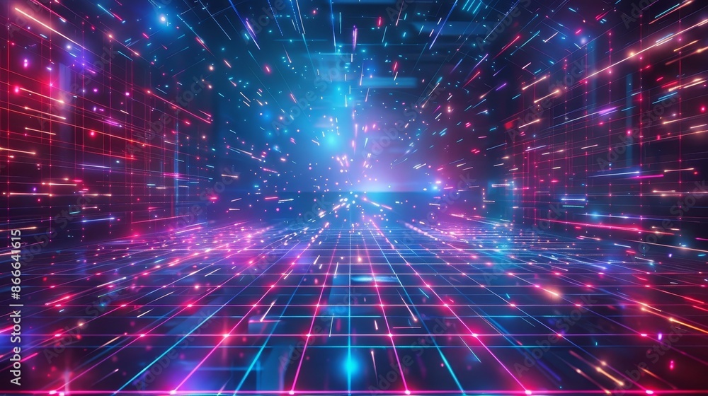 Poster digital or cyber surface. neon lights and geometric patterns. retro 80's retro style background.