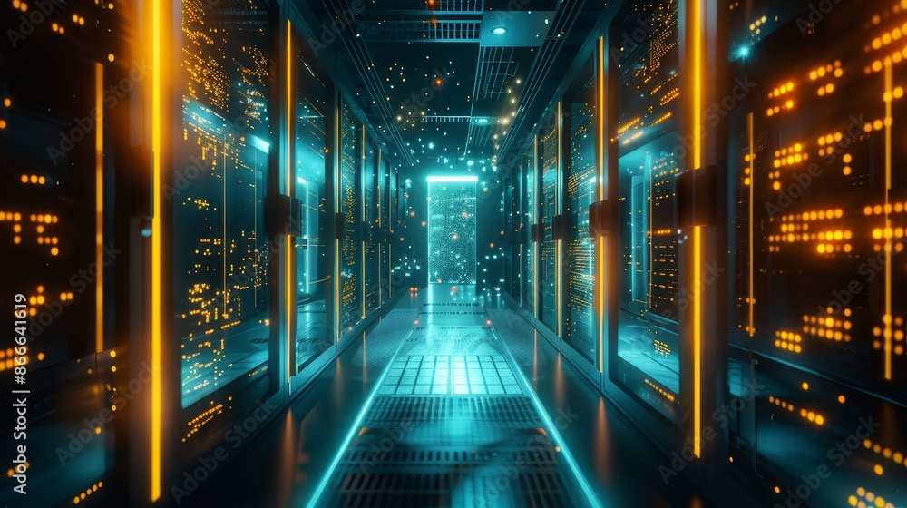 Poster working data center with rack servers and supercomputers along with visualisation of internet connec