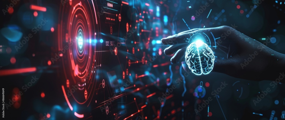 Poster the concept of machine learning applied to business and internet technology is shown in stock
