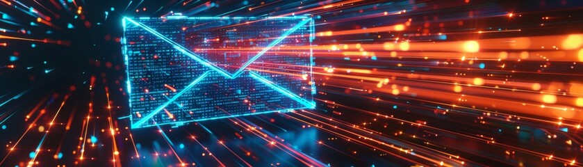 Fototapeta premium Glowing blue and orange mail icon on a digital background with light streaks, representing a cyber security concept