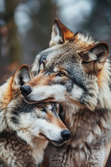 Naklejka premium Wolves tender moment. Wildlife photography, nature documentaries, themes of love and companionship.