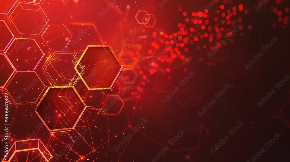 Poster hexagon shapes pattern and connection lines with a red background show wireless network technology.