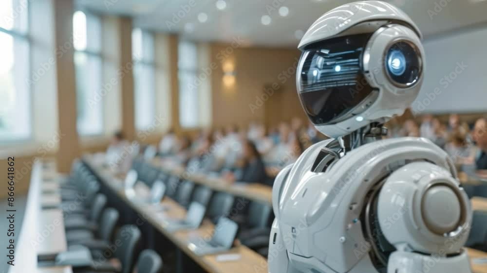 Poster a white robot stands in front of an audience in a modern classroom setting.