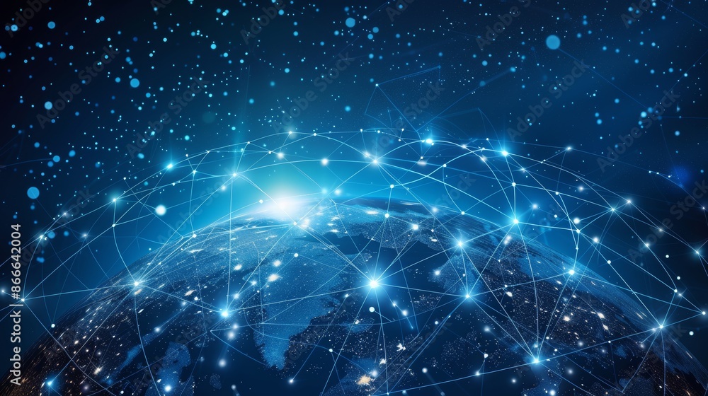 Poster global network of telecommunications on the planet earth based on internet technology, blockchain, a