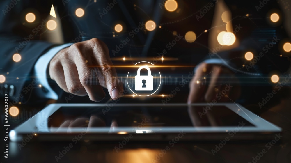 Poster cyber security network. businessman protecting data personal information on tablet. padlock icon and