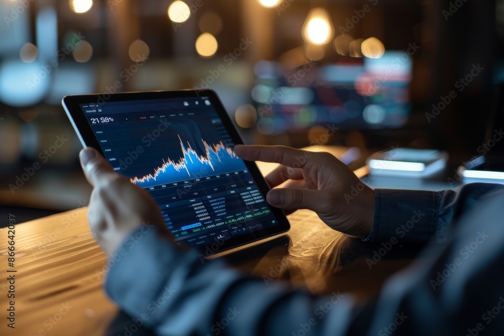 Poster stock market check on digital tablet and desktop computer. financial data analysis in office backgro