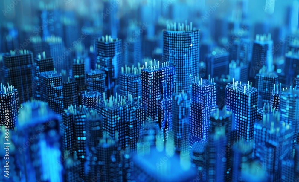 Poster blockchain information flows in digital networks. 3d illustration of data cells with binary code ele