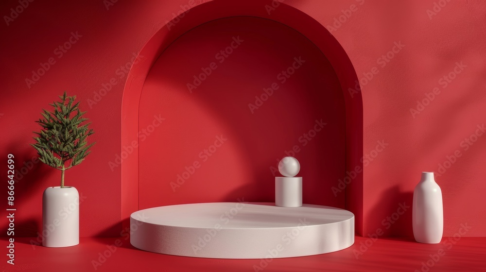 Poster blank red background and display or shelf with studio for showing or designing christmas concept. bl