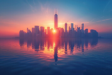 Obraz premium A stunning city skyline at sunrise, featuring tall skyscrapers and their reflections on calm water, creating a serene and picturesque scene