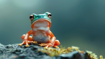 realistic nature photography of colorfull frog standing on a rock