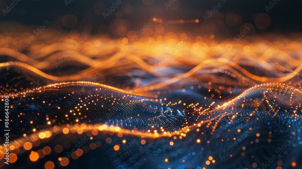 Poster wave with luminous points and lines in a futuristic abstract mesh. 3d rendering.