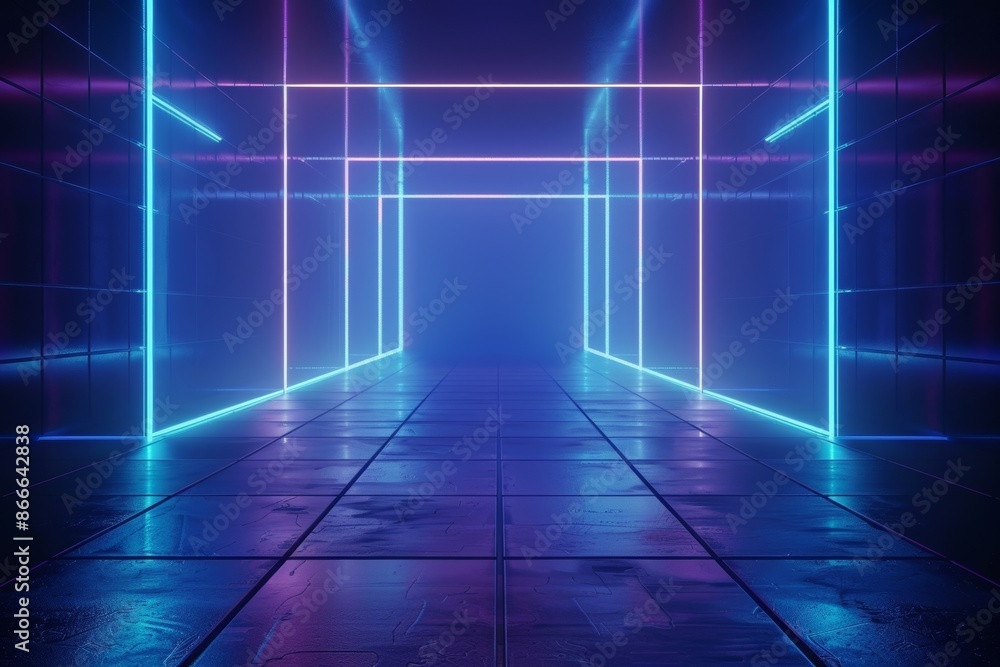 Aufkleber an abstract futuristic backdrop with glowing neon lights and a grid line pattern in the background. 