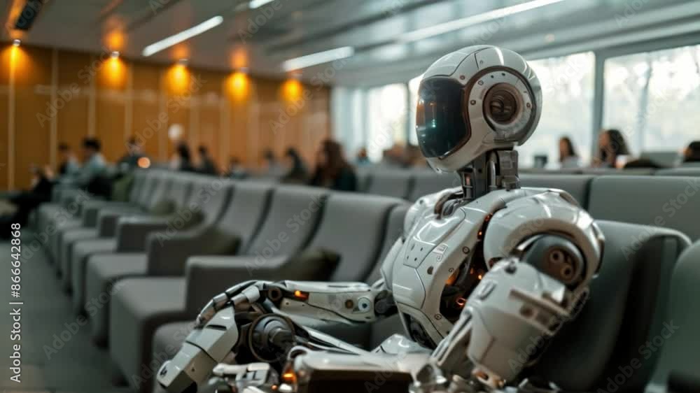 Leinwandbilder A white humanoid robot sits in a conference room with rows of empty chairs. The robot appears to be waiting.