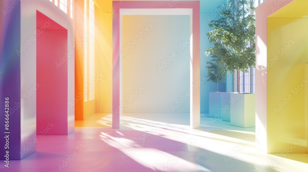 Poster stunning abstract rainbow gradient background of a perspective room. summer multicolored patterns in