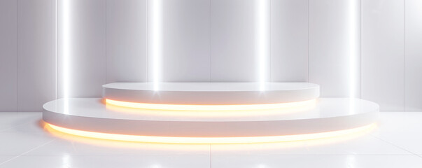 Obraz premium Abstract white background of futuristic architecture, neon lighting, empty podium, copy space. 