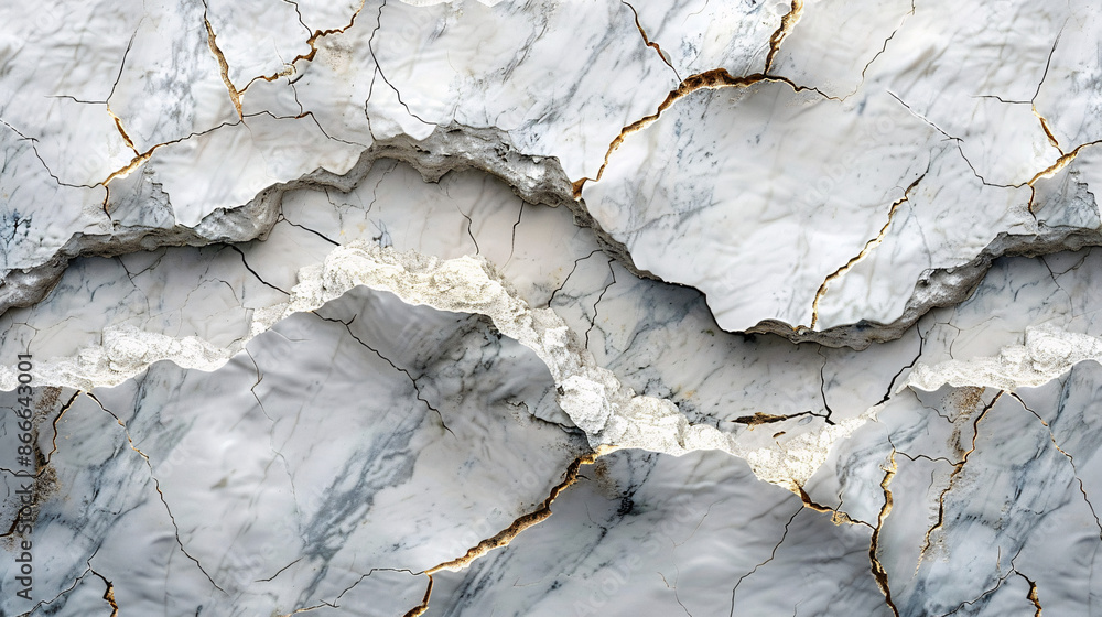 Poster a stunning display of cracked marble, showcasing intricate patterns of white and grey veins accented