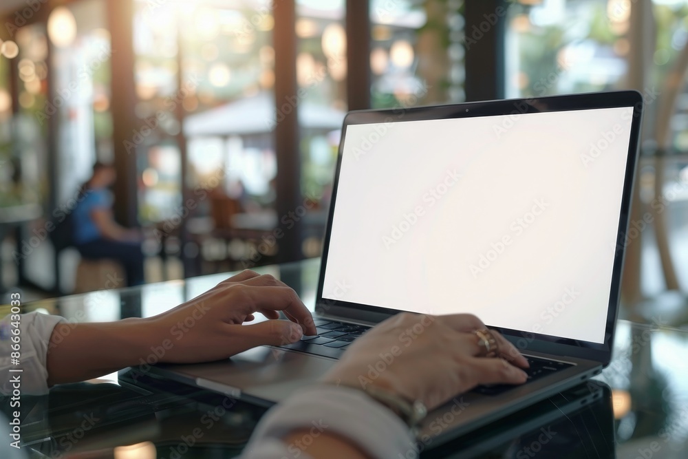 Poster the mockup image shows a blank screen computer with a white background for advertising text, with a 